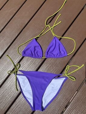 Y2K g21 Purple Triangle Two Piece Bikini with Green Tie Straps